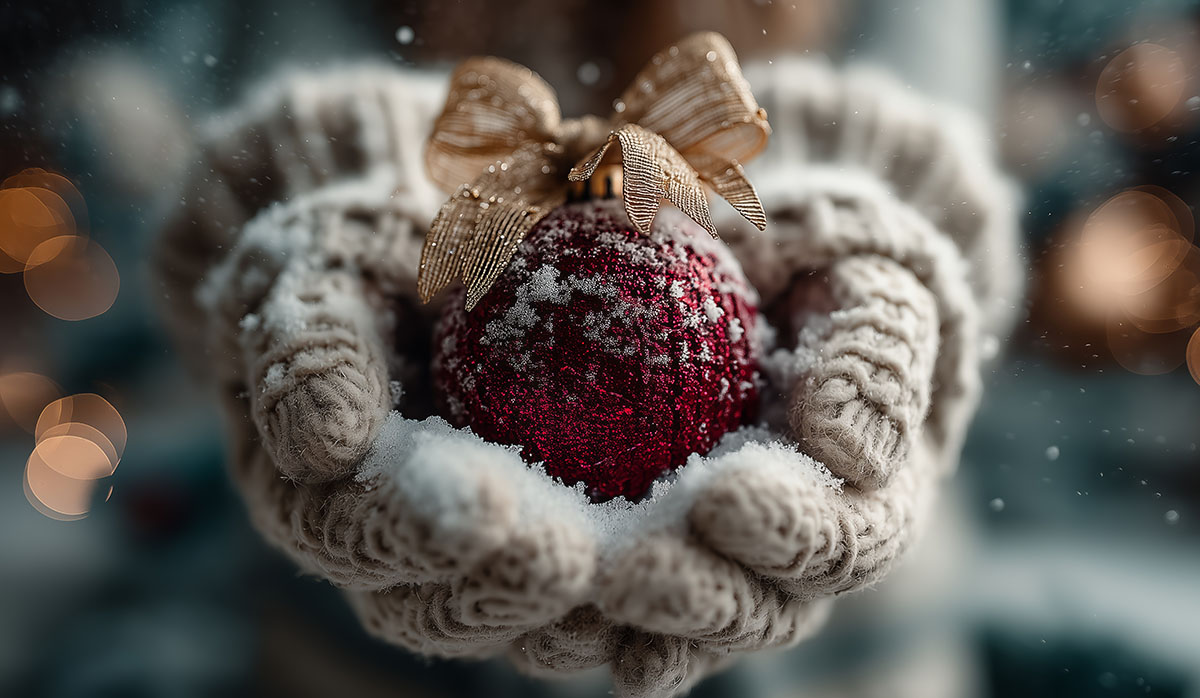 Gloved hands holding snowy red Christmas ornament