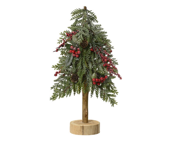 MINI CHOINKA NA PIENIU DREWNA 40 CM – JAK ŻYWA Z JAGODAMI I SZYSZKAMI